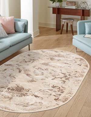 Beige 5' 3 x 8' Finsbury Oval Area Rug 60% Polypropylene & 40% Polyester Contemporary Carpet for Living Rooms, Dining, Offices for Sale at Rug Engine