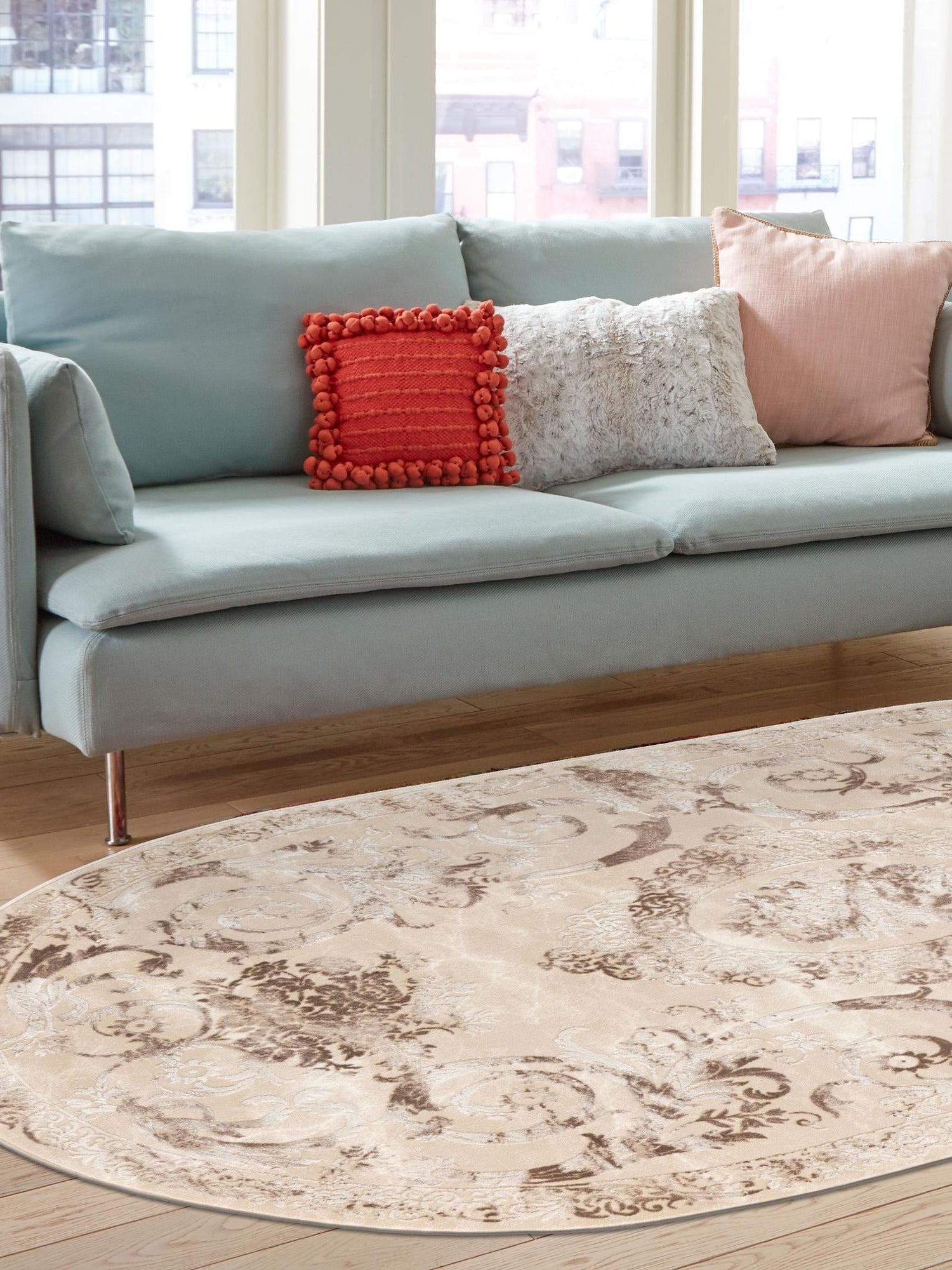 Beige 7' 10 x 10' Finsbury Oval Area Rug 60% Polypropylene & 40% Polyester Contemporary Carpet for Living Rooms, Dining, Offices for Sale at Rug Engine