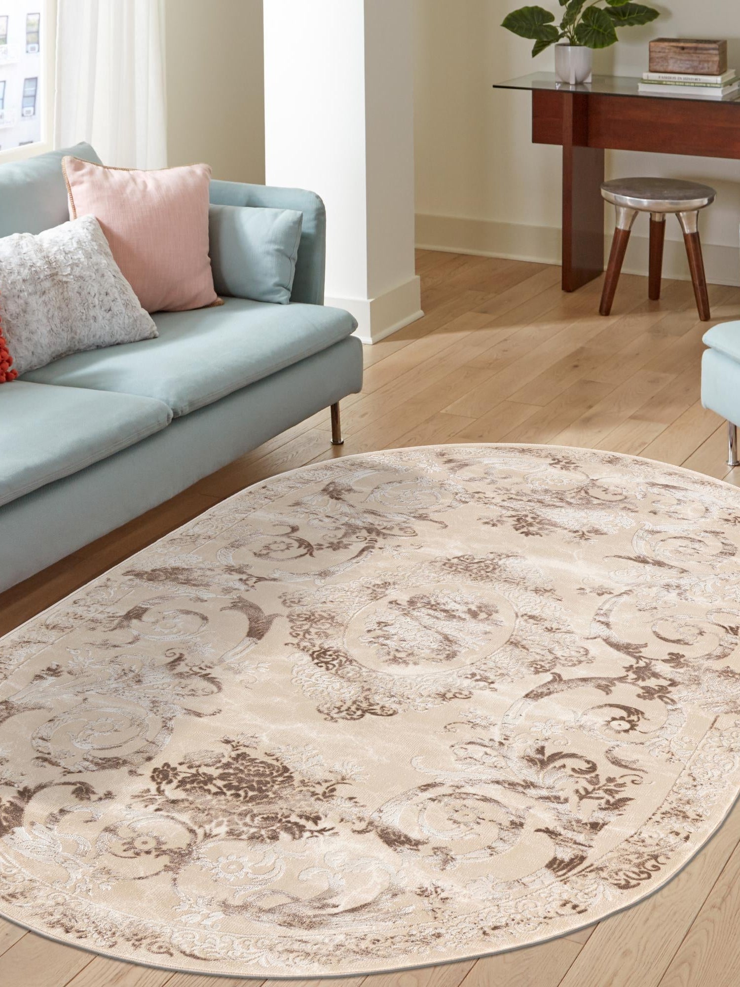 Beige 7' 10 x 10' Finsbury Oval Area Rug 60% Polypropylene & 40% Polyester Contemporary Carpet for Living Rooms, Dining, Offices for Sale at Rug Engine