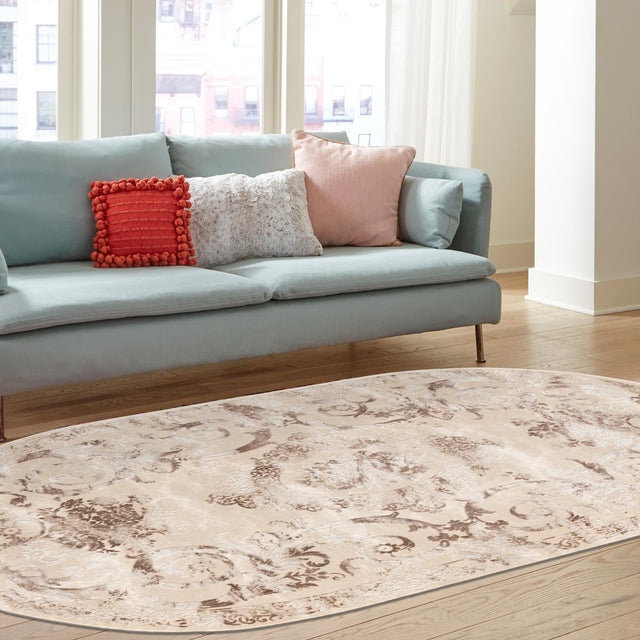 Beige 5' 3 x 8' Finsbury Oval Area Rug 60% Polypropylene & 40% Polyester Contemporary Carpet for Living Rooms, Dining, Offices for Sale at Rug Engine