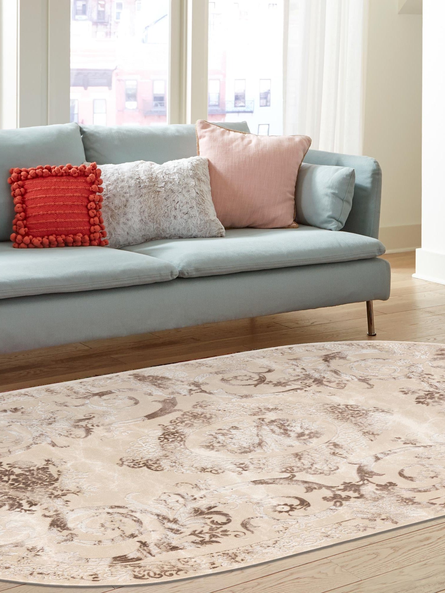 Beige 7' 10 x 10' Finsbury Oval Area Rug 60% Polypropylene & 40% Polyester Contemporary Carpet for Living Rooms, Dining, Offices for Sale at Rug Engine
