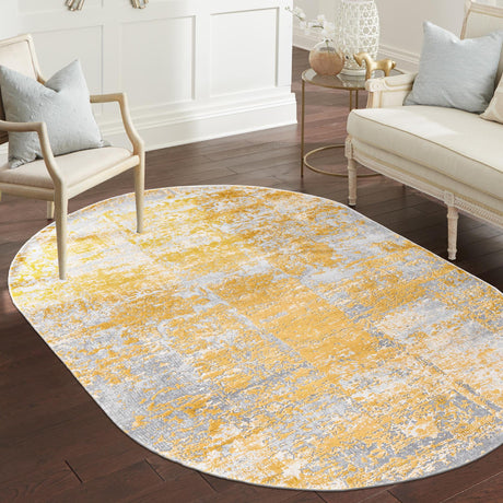Yellow 5' 3 x 8' Finsbury Oval Area Rug 60% Polypropylene & 40% Polyester Contemporary Carpet for Living Rooms, Dining, Offices for Sale at Rug Engine