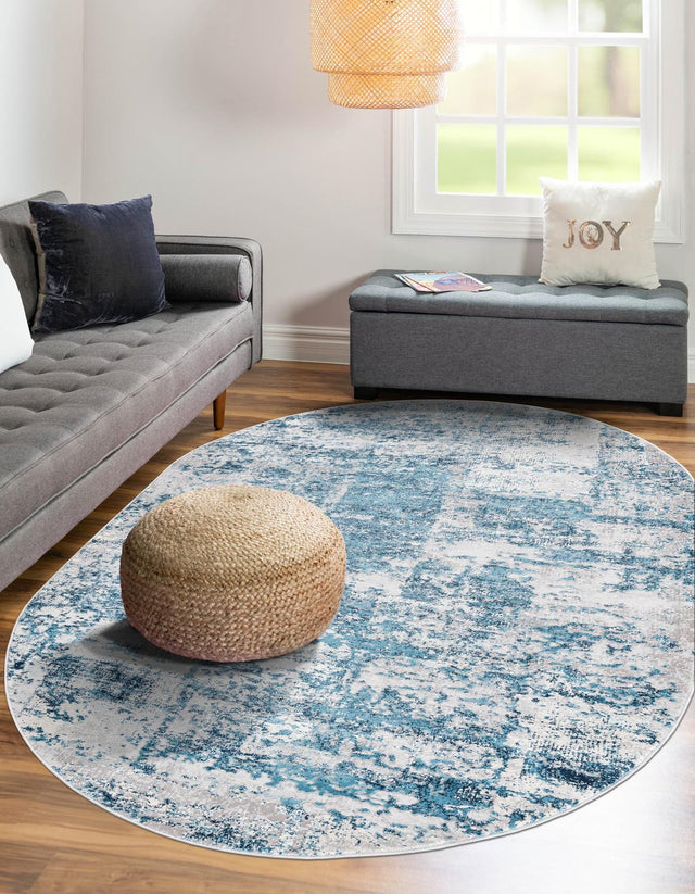 Blue 7' 10 x 10' Finsbury Oval Area Rug 60% Polypropylene & 40% Polyester Contemporary Carpet for Living Rooms, Dining, Offices for Sale at Rug Engine