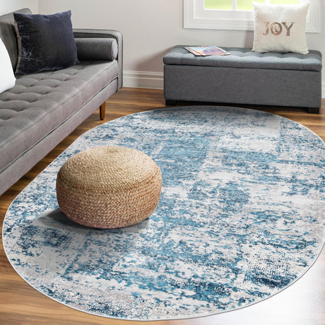 Blue 7' 10 x 10' Finsbury Oval Area Rug 60% Polypropylene & 40% Polyester Contemporary Carpet for Living Rooms, Dining, Offices for Sale at Rug Engine