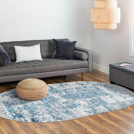 Blue 7' 10 x 10' Finsbury Oval Area Rug 60% Polypropylene & 40% Polyester Contemporary Carpet for Living Rooms, Dining, Offices for Sale at Rug Engine