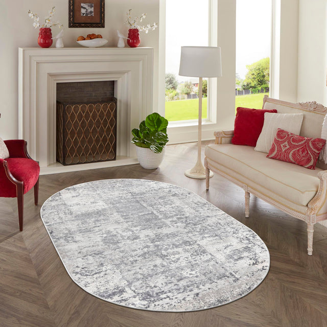 Gray 7' 10 x 10' Finsbury Oval Area Rug 60% Polypropylene & 40% Polyester Contemporary Carpet for Living Rooms, Dining, Offices for Sale at Rug Engine