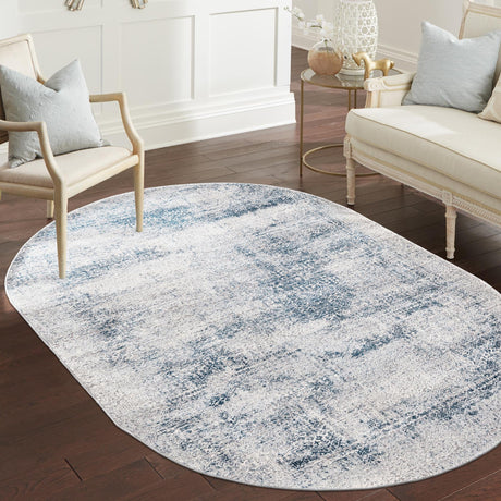 Blue 5' 3 x 8' Finsbury Oval Area Rug 60% Polypropylene & 40% Polyester Contemporary Carpet for Living Rooms, Dining, Offices for Sale at Rug Engine