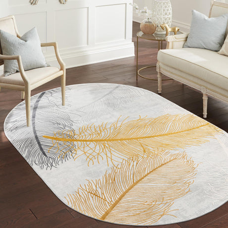 Yellow Gray 5' 3 x 8' Finsbury Oval Area Rug 60% Polypropylene & 40% Polyester Contemporary Carpet for Living Rooms, Dining, Offices for Sale at Rug Engine