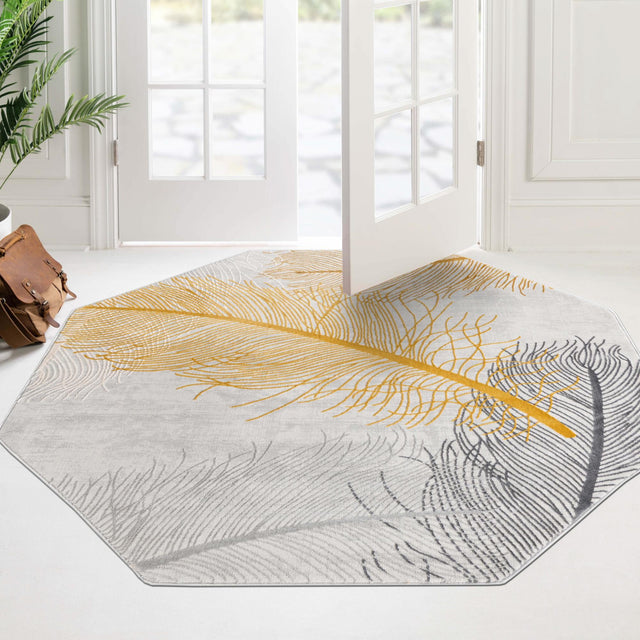 Yellow Gray 7' 10 x 7' 10 Finsbury Octagon Area Rug 60% Polypropylene & 40% Polyester Contemporary Carpet for Living Rooms, Dining, Offices for Sale at Rug Engine