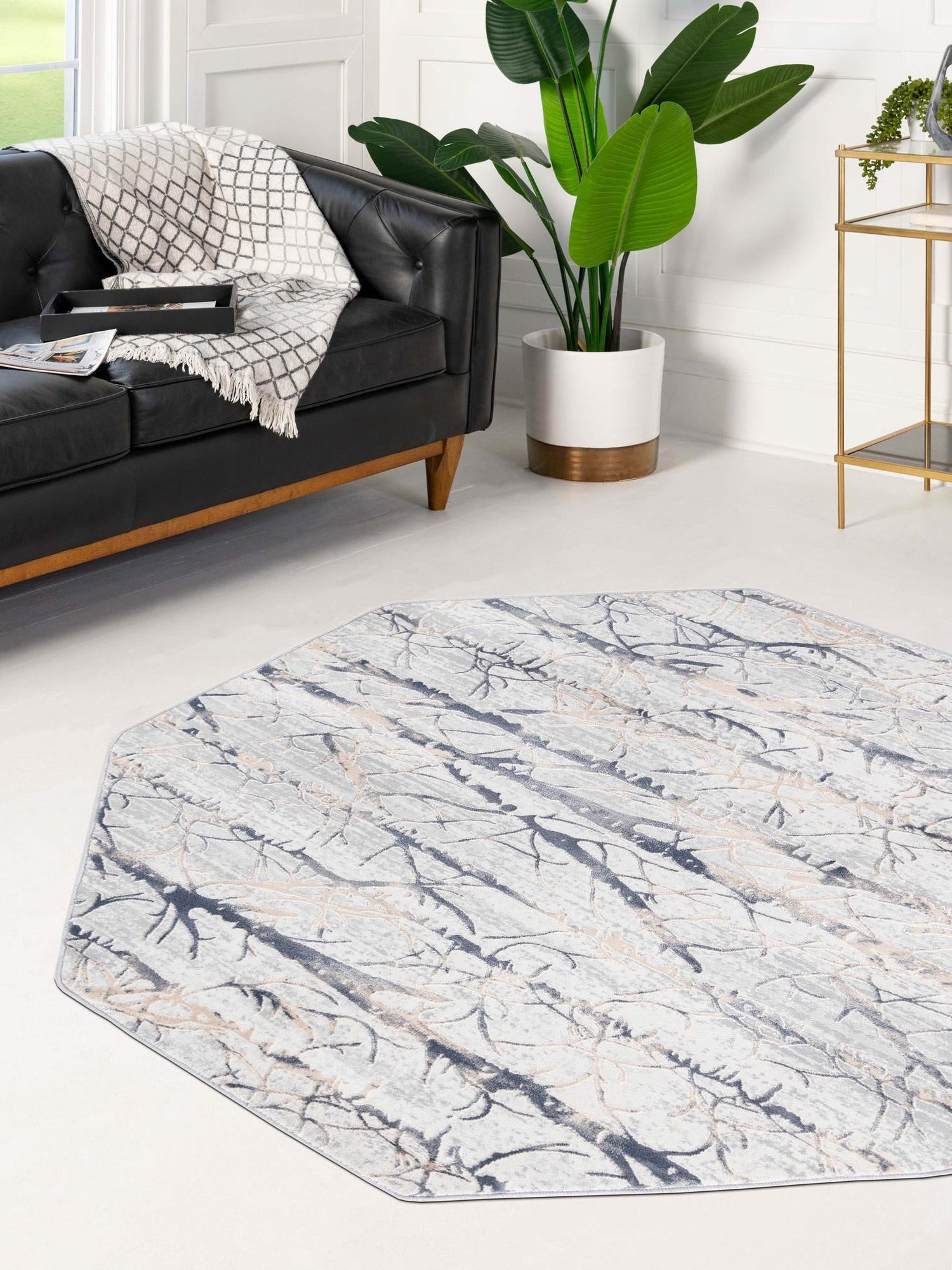 Gray 7' 10 x 7' 10 Finsbury Octagon Area Rug 60% Polypropylene & 40% Polyester Contemporary Carpet for Living Rooms, Dining, Offices for Sale at Rug Engine
