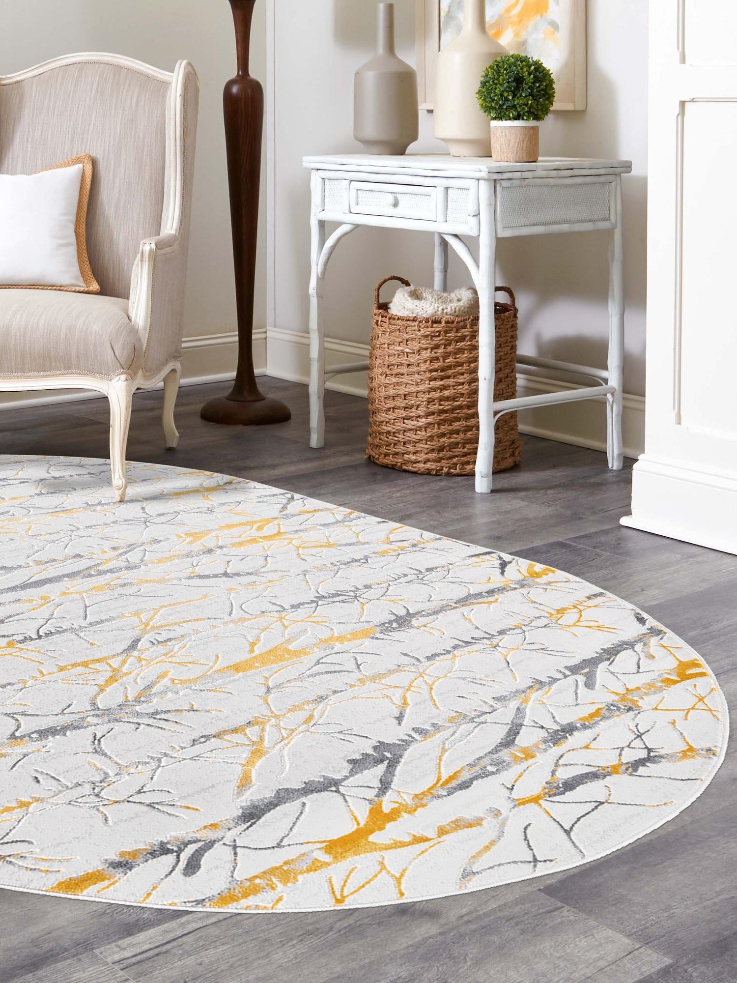 Yellow and Gray 5' 3 x 8' Finsbury Oval Area Rug 60% Polypropylene & 40% Polyester Contemporary Carpet for Living Rooms, Dining, Offices for Sale at Rug Engine