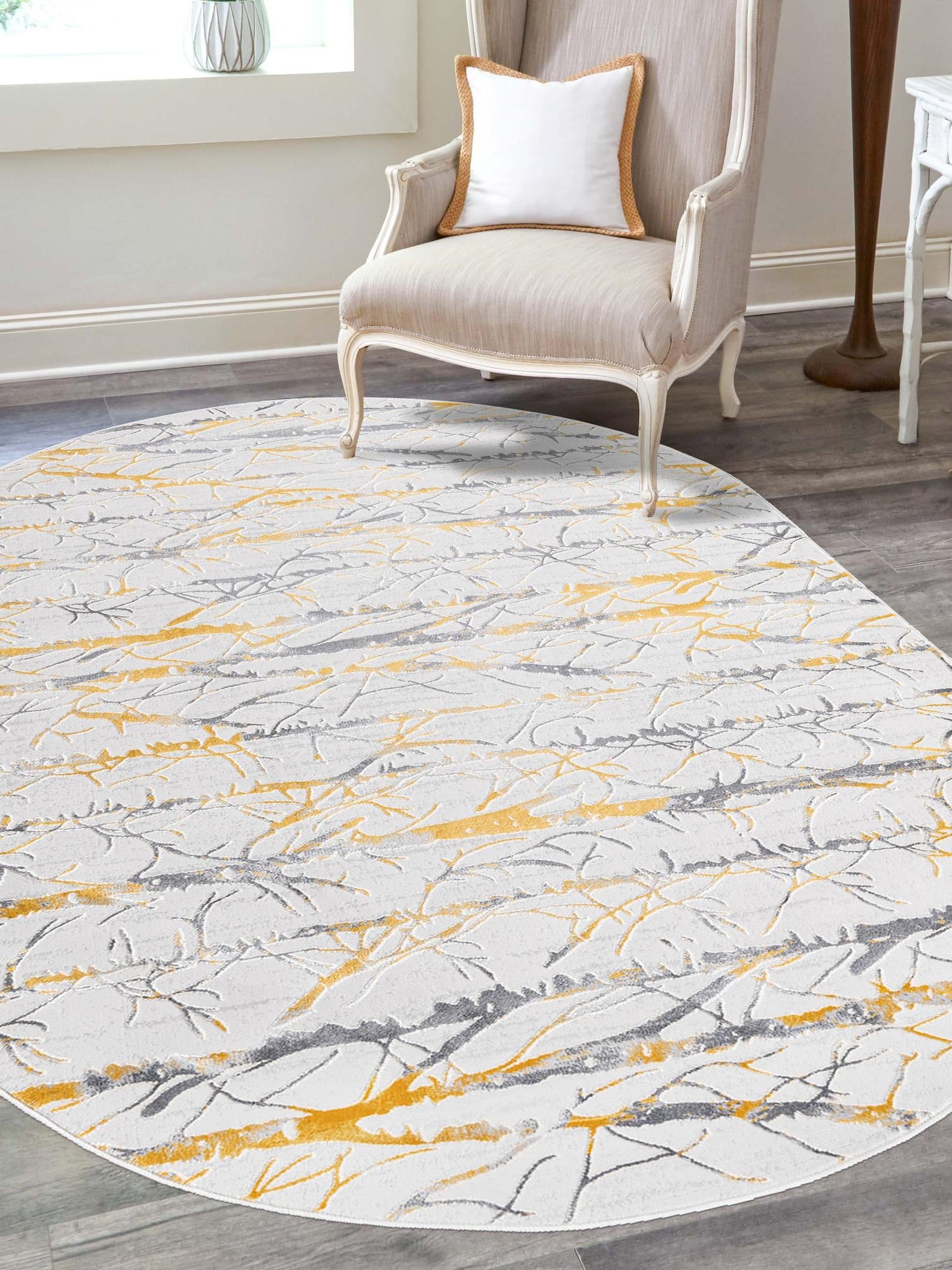 Yellow and Gray 5' 3 x 8' Finsbury Oval Area Rug 60% Polypropylene & 40% Polyester Contemporary Carpet for Living Rooms, Dining, Offices for Sale at Rug Engine