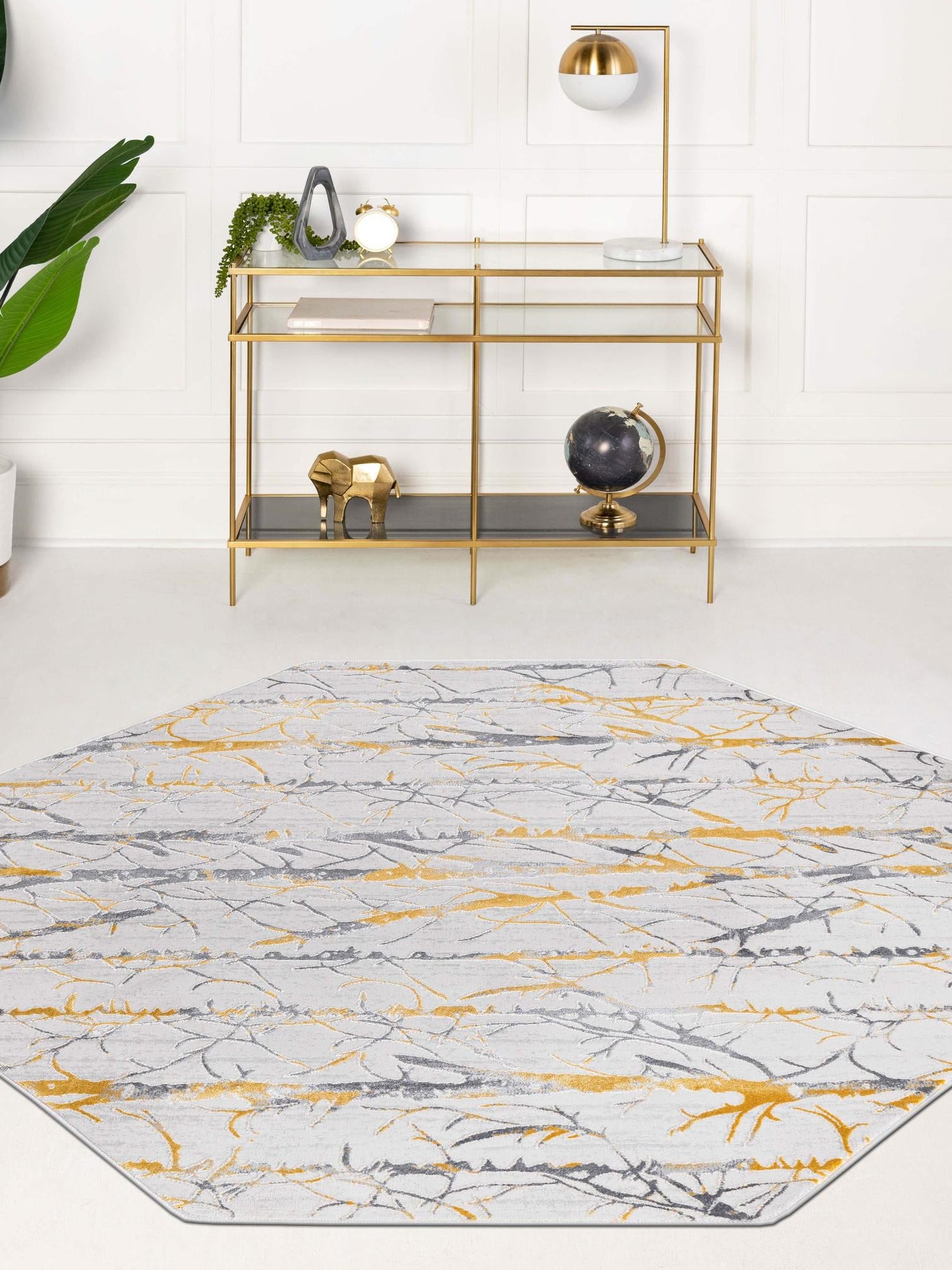 Yellow and Gray 7' 10 x 7' 10 Finsbury Octagon Area Rug 60% Polypropylene & 40% Polyester Contemporary Carpet for Living Rooms, Dining, Offices for Sale at Rug Engine
