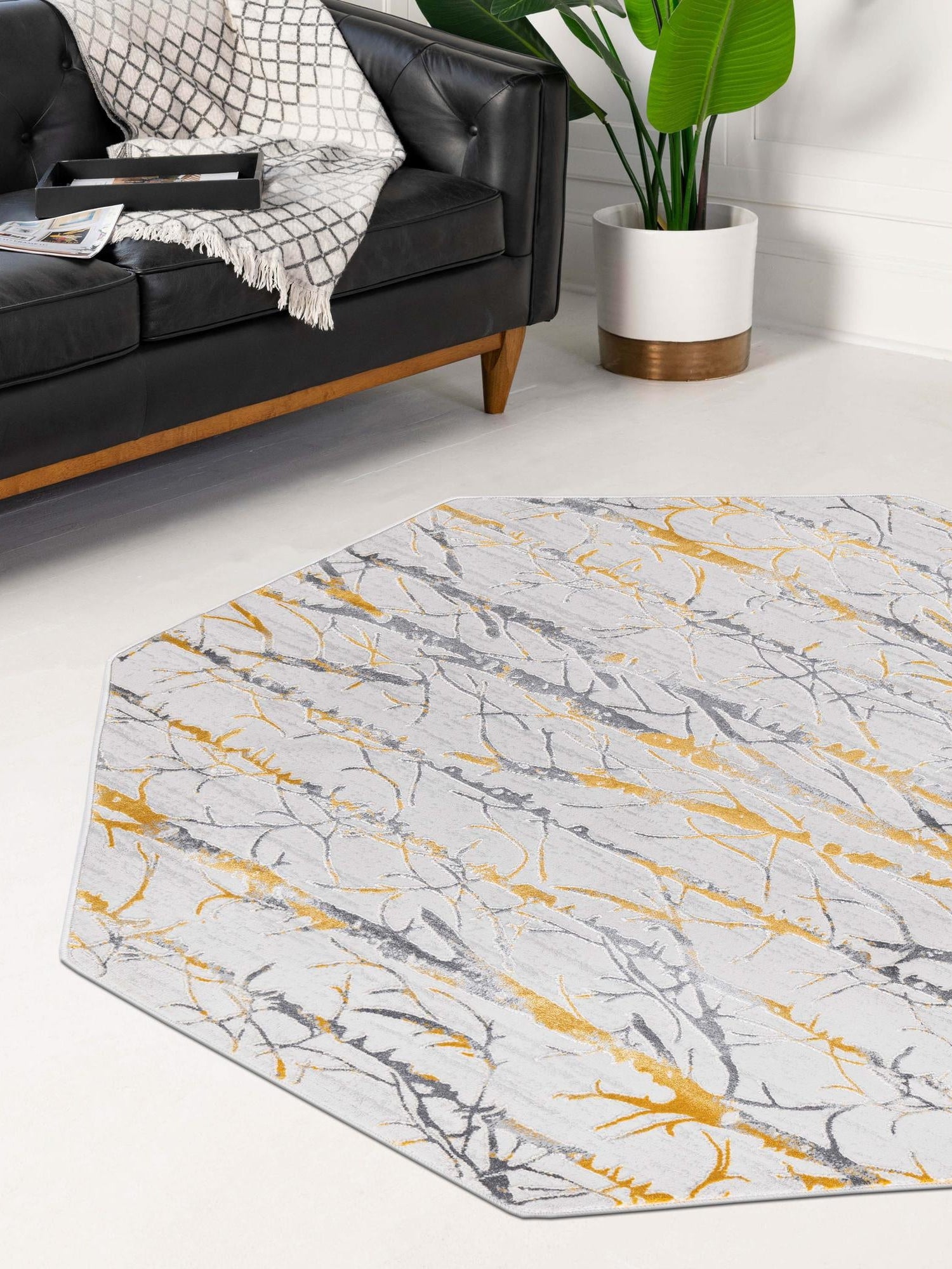 Yellow and Gray 7' 10 x 7' 10 Finsbury Octagon Area Rug 60% Polypropylene & 40% Polyester Contemporary Carpet for Living Rooms, Dining, Offices for Sale at Rug Engine
