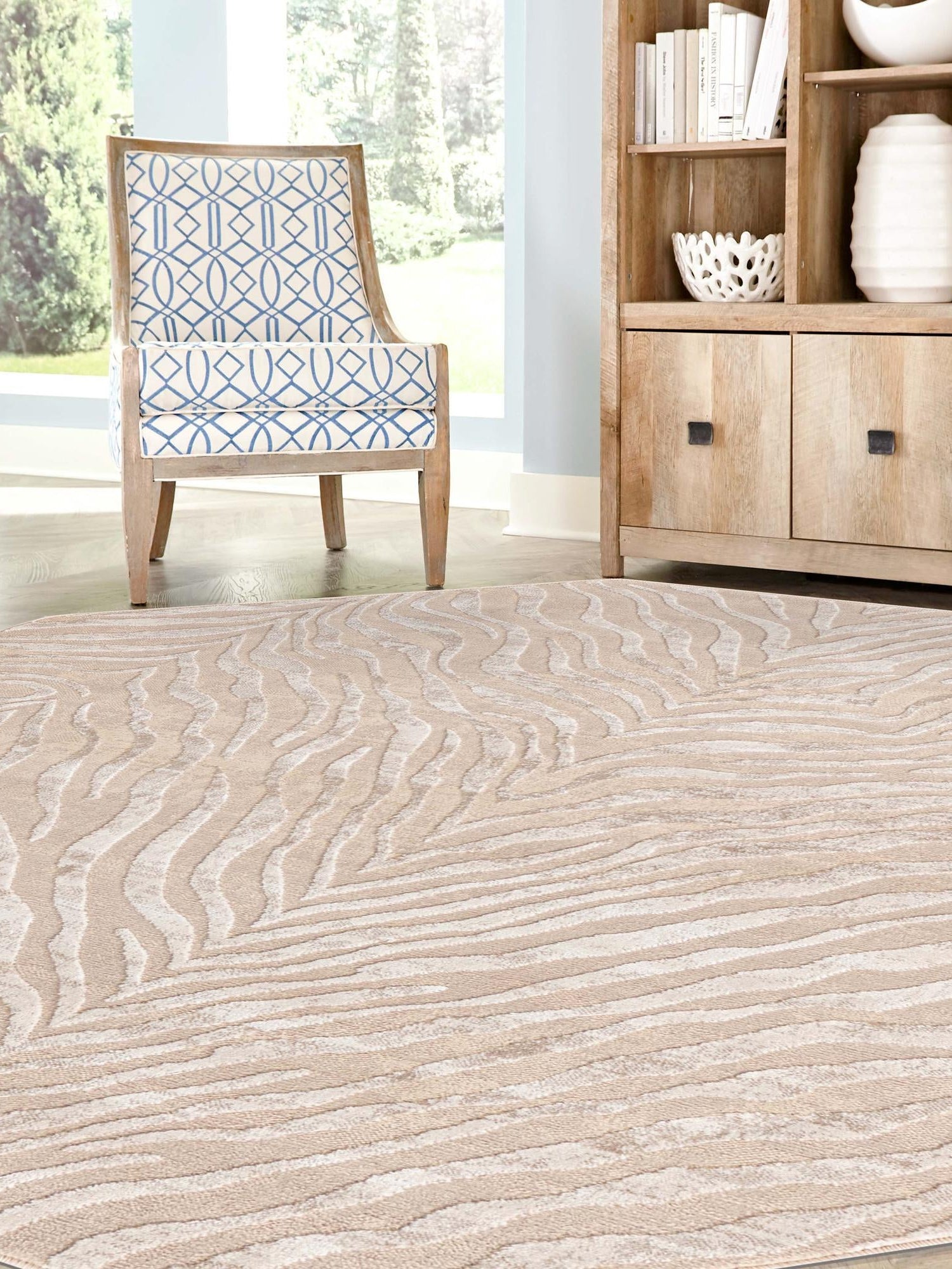 Ivory Beige 5' 3 x 5' 3 Finsbury Octagon Area Rug 60% Polypropylene & 40% Polyester Contemporary Carpet for Living Rooms, Dining, Offices for Sale at Rug Engine