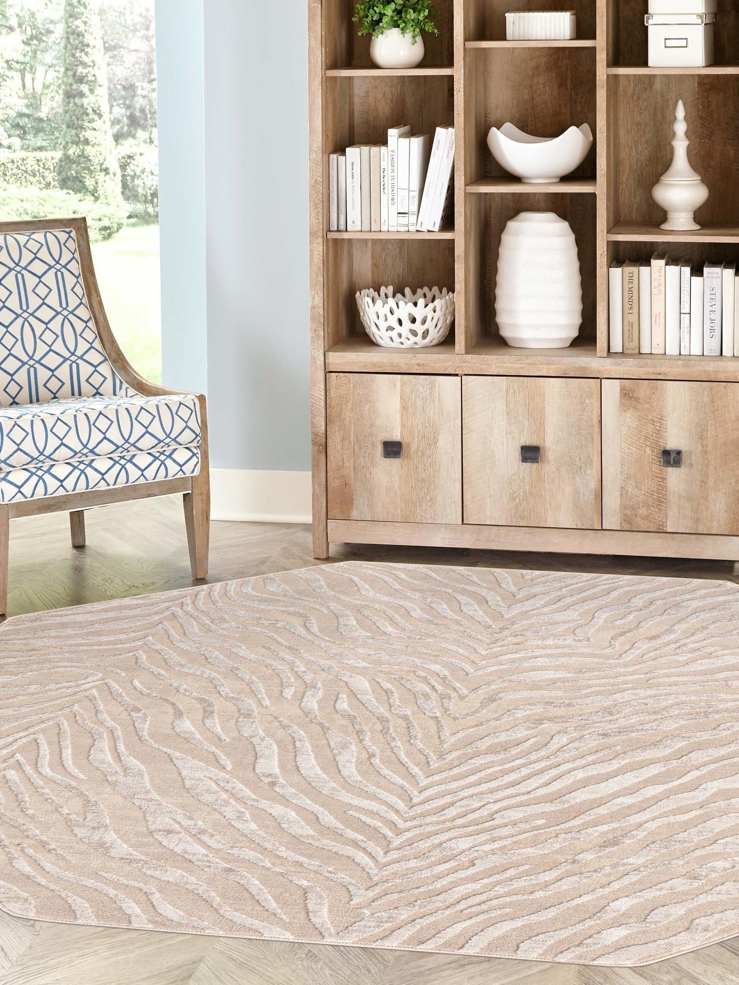 Ivory Beige 5' 3 x 5' 3 Finsbury Octagon Area Rug 60% Polypropylene & 40% Polyester Contemporary Carpet for Living Rooms, Dining, Offices for Sale at Rug Engine