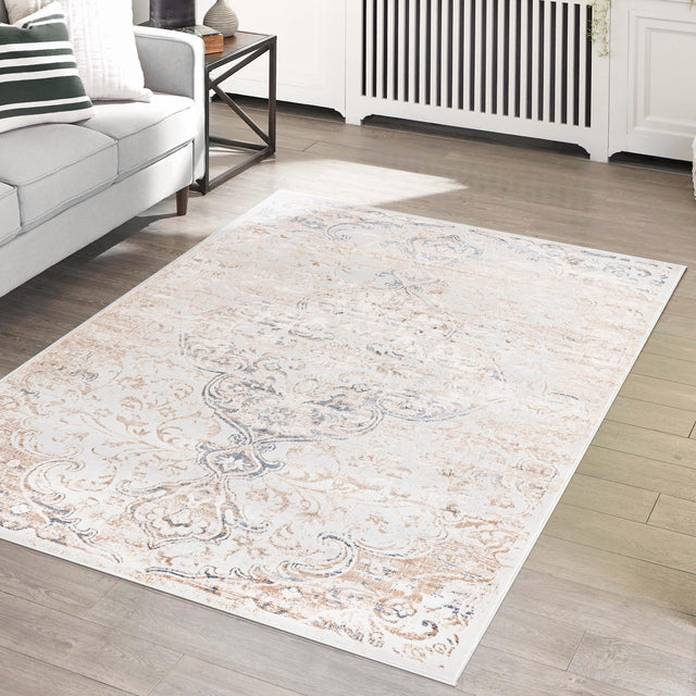 Ivory 5' 3 x 8' Highbury Rectangle Area Rug 60% Polypropylene & 40% Polyester With Jute Backing Vintage Distressed Traditional Carpet for Sale at Rug Engine