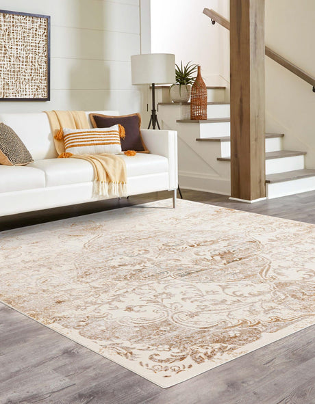 Cream 7' 10 x 7' 10 Highbury Square Area Rug 60% Polypropylene & 40% Polyester With Jute Backing Vintage Distressed Traditional Carpet for Sale at Rug Engine