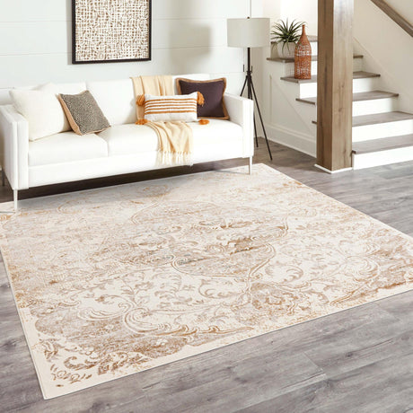 Cream 7' 10 x 7' 10 Highbury Square Area Rug 60% Polypropylene & 40% Polyester With Jute Backing Vintage Distressed Traditional Carpet for Sale at Rug Engine