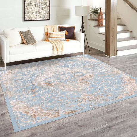 Teal 7' 10 x 7' 10 Highbury Square Area Rug 60% Polypropylene & 40% Polyester With Jute Backing Vintage Distressed Traditional Carpet for Sale at Rug Engine