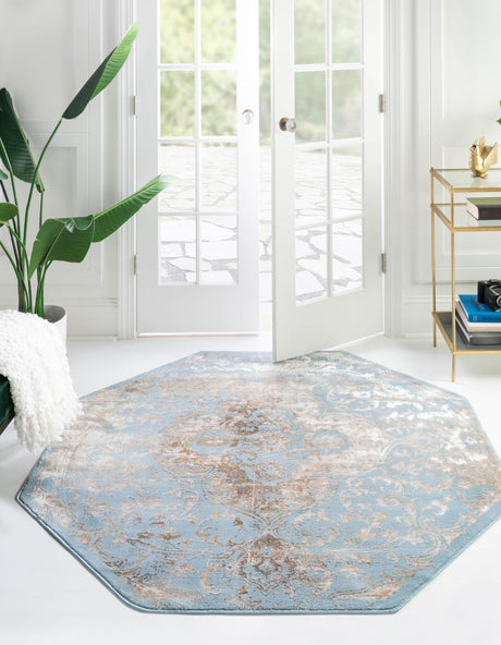 Teal 7' 10 x 7' 10 Highbury Octagon Area Rug 60% Polypropylene & 40% Polyester With Jute Backing Vintage Distressed Traditional Carpet for Sale at Rug Engine