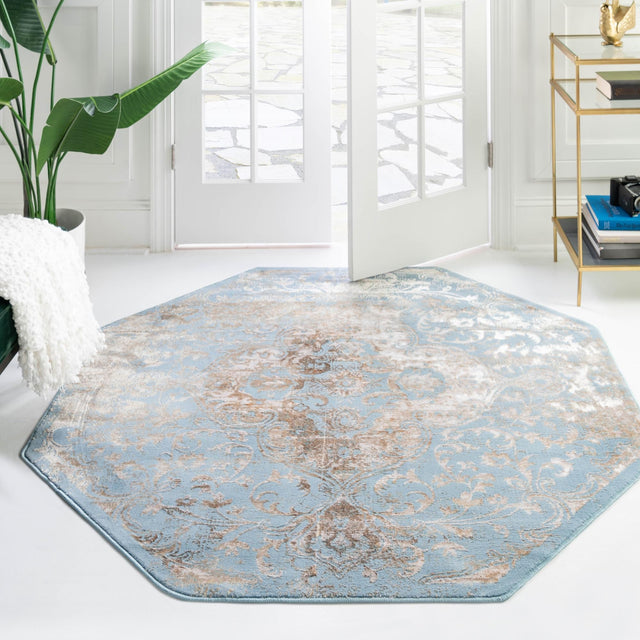 Teal 7' 10 x 7' 10 Highbury Octagon Area Rug 60% Polypropylene & 40% Polyester With Jute Backing Vintage Distressed Traditional Carpet for Sale at Rug Engine