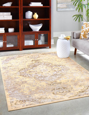 Yellow 4' x 6' Highbury Rectangle Area Rug 60% Polypropylene & 40% Polyester With Jute Backing Vintage Distressed Traditional Carpet for Sale at Rug Engine
