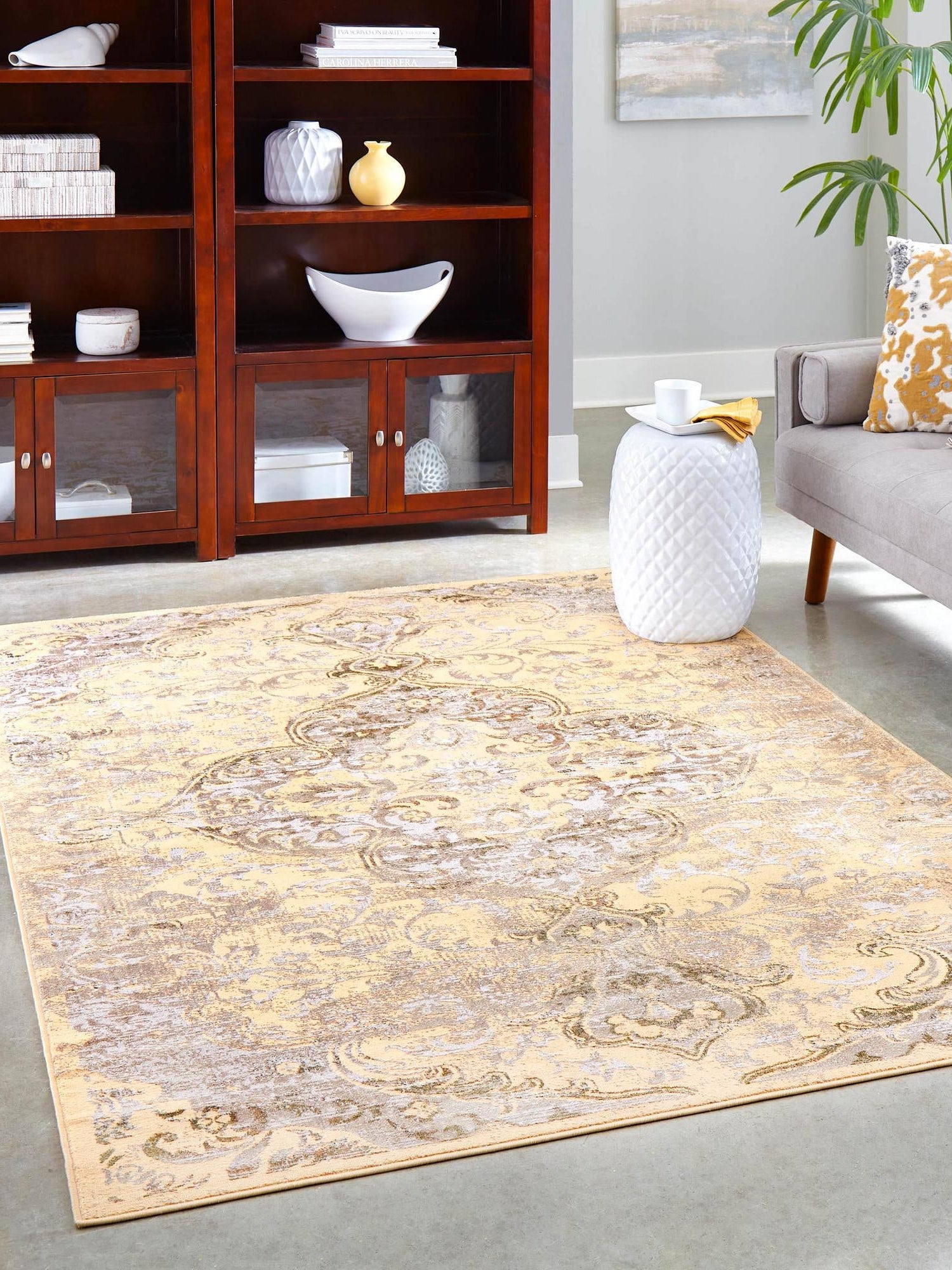 Yellow 6' x 9' Highbury Rectangle Area Rug 60% Polypropylene & 40% Polyester With Jute Backing Vintage Distressed Traditional Carpet for Sale at Rug Engine