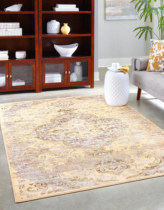 Yellow 6' x 9' Highbury Rectangle Area Rug 60% Polypropylene & 40% Polyester With Jute Backing Vintage Distressed Traditional Carpet for Sale at Rug Engine