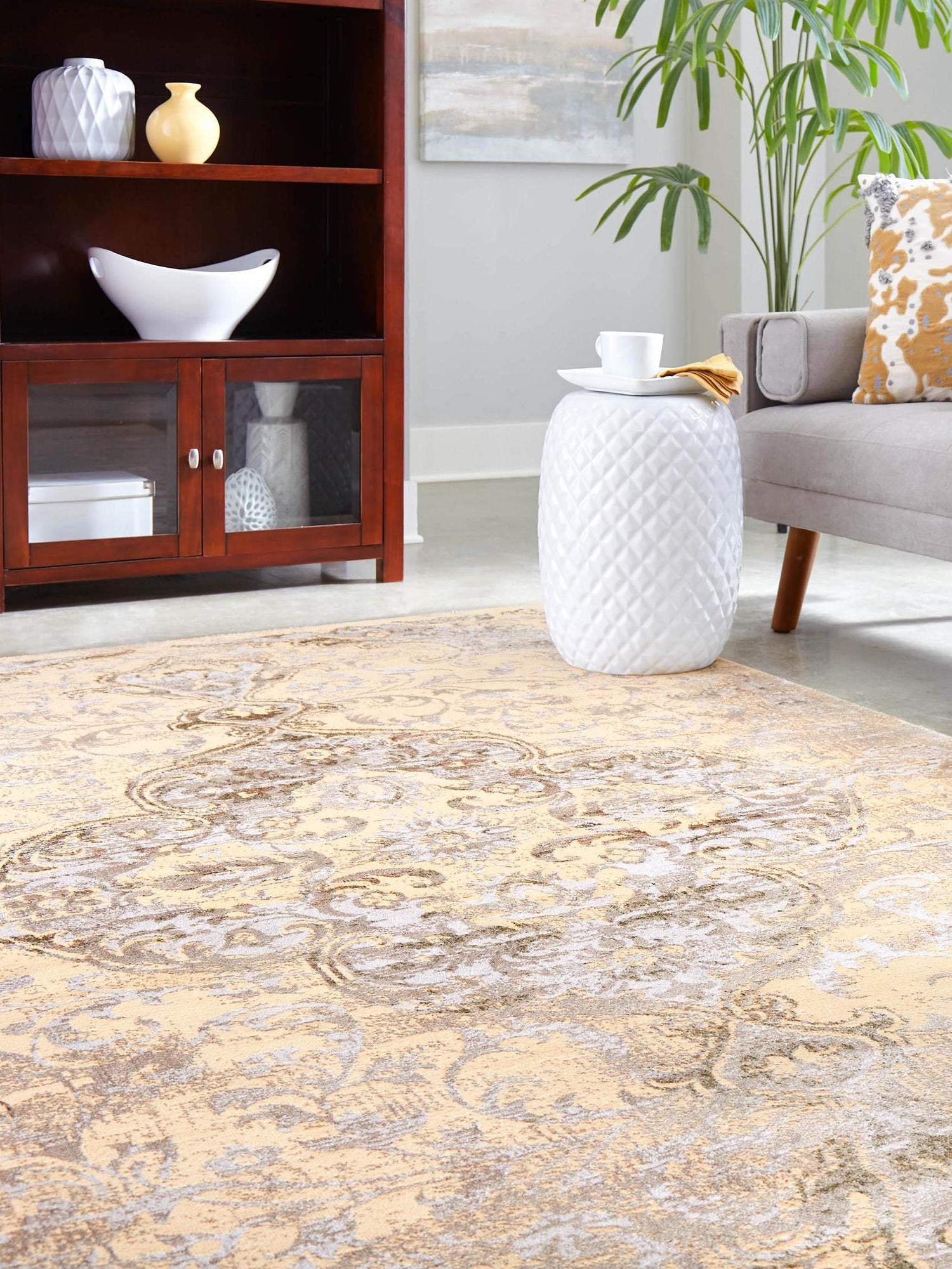 Yellow 6' x 9' Highbury Rectangle Area Rug 60% Polypropylene & 40% Polyester With Jute Backing Vintage Distressed Traditional Carpet for Sale at Rug Engine