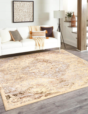 Yellow 7' 10 x 7' 10 Highbury Square Area Rug 60% Polypropylene & 40% Polyester With Jute Backing Vintage Distressed Traditional Carpet for Sale at Rug Engine