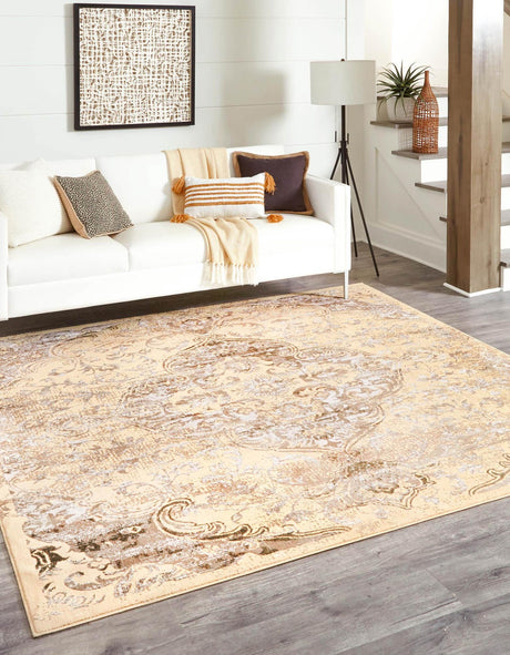 Yellow 7' 10 x 7' 10 Highbury Square Area Rug 60% Polypropylene & 40% Polyester With Jute Backing Vintage Distressed Traditional Carpet for Sale at Rug Engine