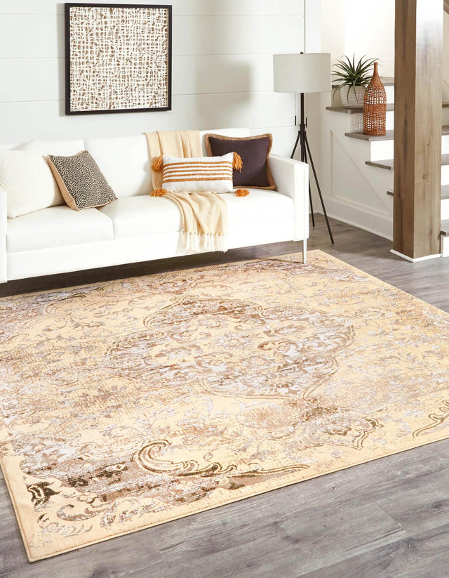 Yellow 7' 10 x 7' 10 Highbury Square Area Rug 60% Polypropylene & 40% Polyester With Jute Backing Vintage Distressed Traditional Carpet for Sale at Rug Engine