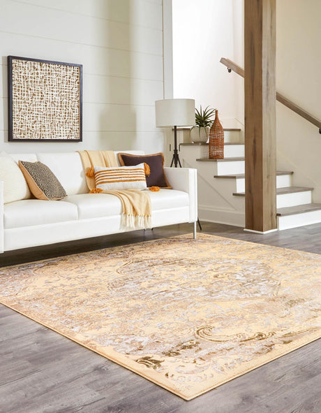 Yellow 7' 10 x 7' 10 Highbury Square Area Rug 60% Polypropylene & 40% Polyester With Jute Backing Vintage Distressed Traditional Carpet for Sale at Rug Engine