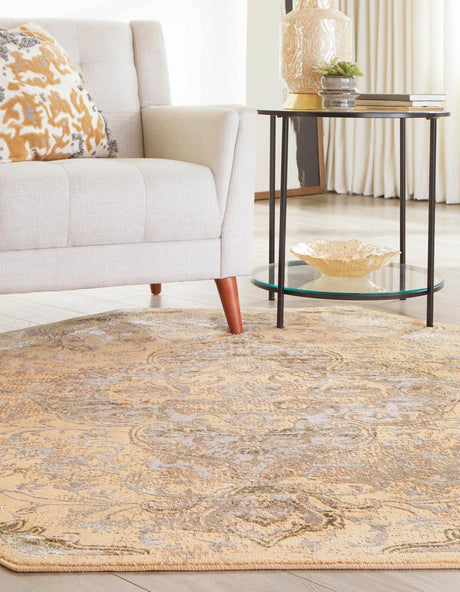 Yellow 7' 10 x 7' 10 Highbury Octagon Area Rug 60% Polypropylene & 40% Polyester With Jute Backing Vintage Distressed Traditional Carpet for Sale at Rug Engine