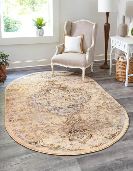 Yellow 5' 3 x 8' Highbury Oval Area Rug 60% Polypropylene & 40% Polyester With Jute Backing Vintage Distressed Traditional Carpet for Sale at Rug Engine