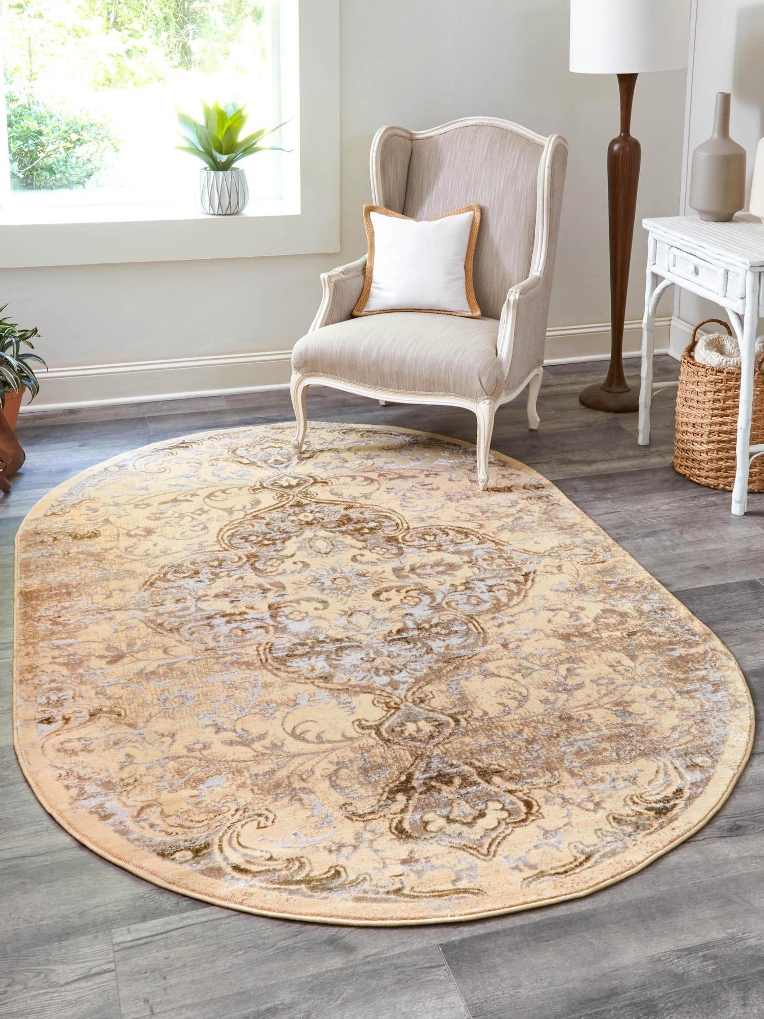 Yellow 7' 10 x 10' Highbury Oval Area Rug 60% Polypropylene & 40% Polyester With Jute Backing Vintage Distressed Traditional Carpet for Sale at Rug Engine