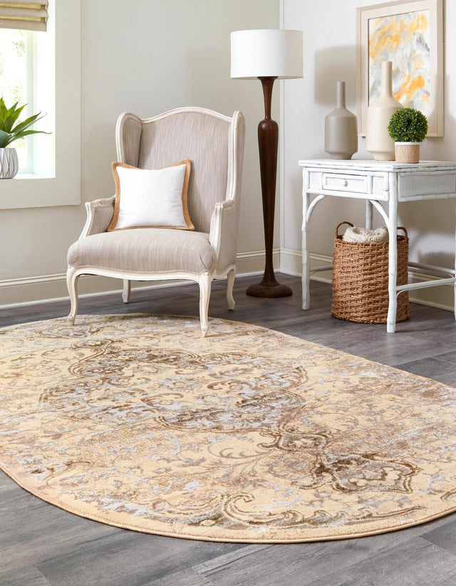 Yellow 5' 3 x 8' Highbury Oval Area Rug 60% Polypropylene & 40% Polyester With Jute Backing Vintage Distressed Traditional Carpet for Sale at Rug Engine