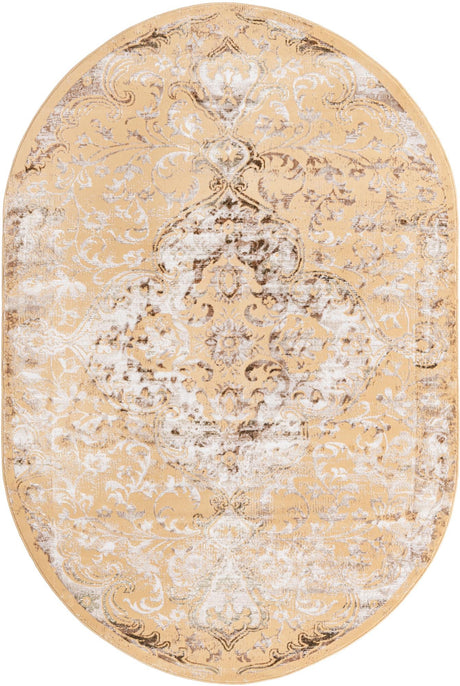 Yellow 5' 3 x 8' Highbury Oval Area Rug 60% Polypropylene & 40% Polyester With Jute Backing Vintage Distressed Traditional Carpet for Sale at Rug Engine