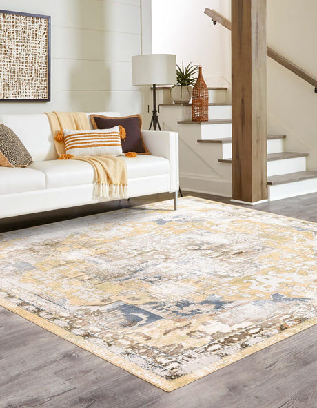 Yellow 7' 10 x 7' 10 Highbury Square Area Rug 60% Polypropylene & 40% Polyester With Jute Backing Vintage Distressed Traditional Carpet for Sale at Rug Engine
