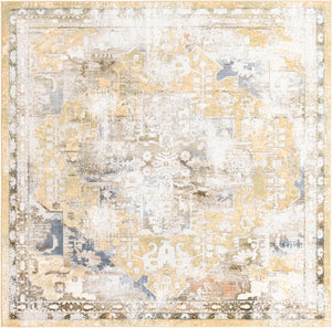 Yellow 7' 10 x 7' 10 Highbury Square Area Rug 60% Polypropylene & 40% Polyester With Jute Backing Vintage Distressed Traditional Carpet for Sale at Rug Engine