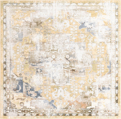 Yellow 7' 10 x 7' 10 Highbury Square Area Rug 60% Polypropylene & 40% Polyester With Jute Backing Vintage Distressed Traditional Carpet for Sale at Rug Engine