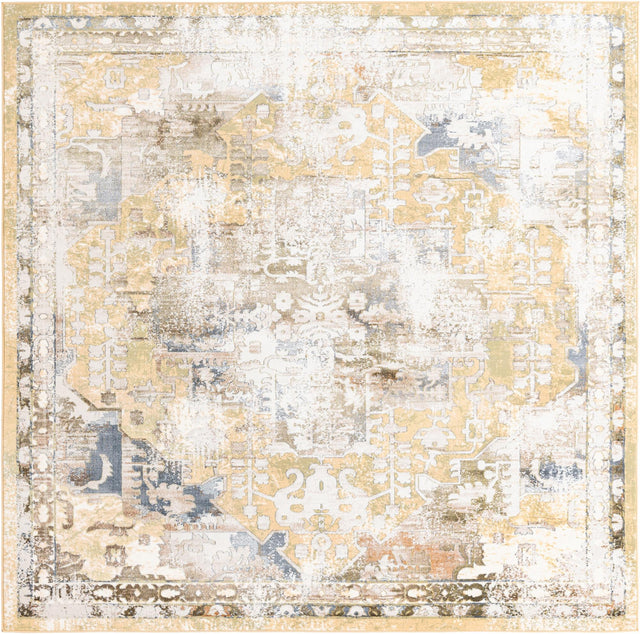 Yellow 7' 10 x 7' 10 Highbury Square Area Rug 60% Polypropylene & 40% Polyester With Jute Backing Vintage Distressed Traditional Carpet for Sale at Rug Engine