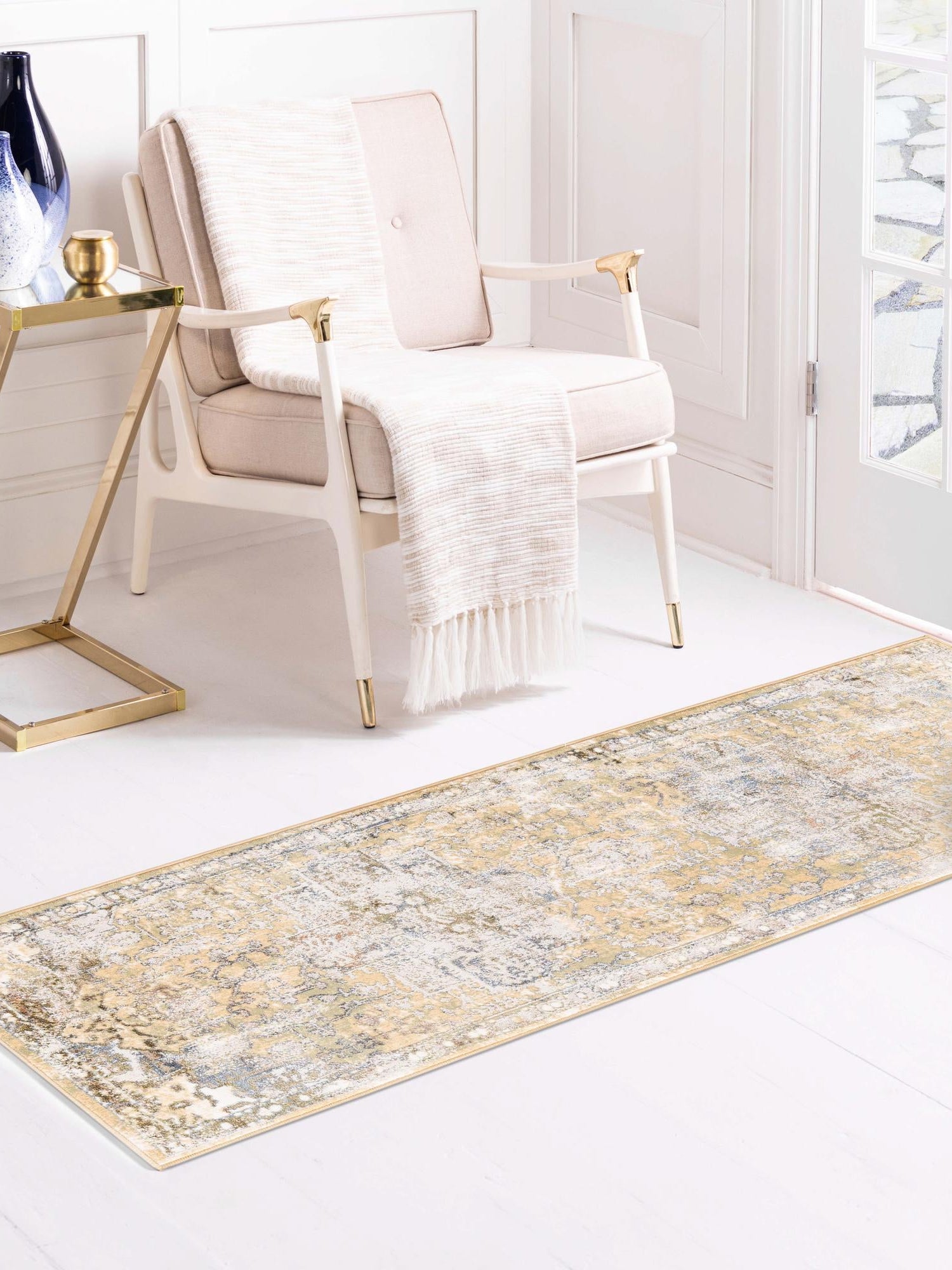 Yellow 2' x 9' 10 Highbury Runner Area Rug 60% Polypropylene & 40% Polyester With Jute Backing Vintage Distressed Traditional Carpet for Sale at Rug Engine