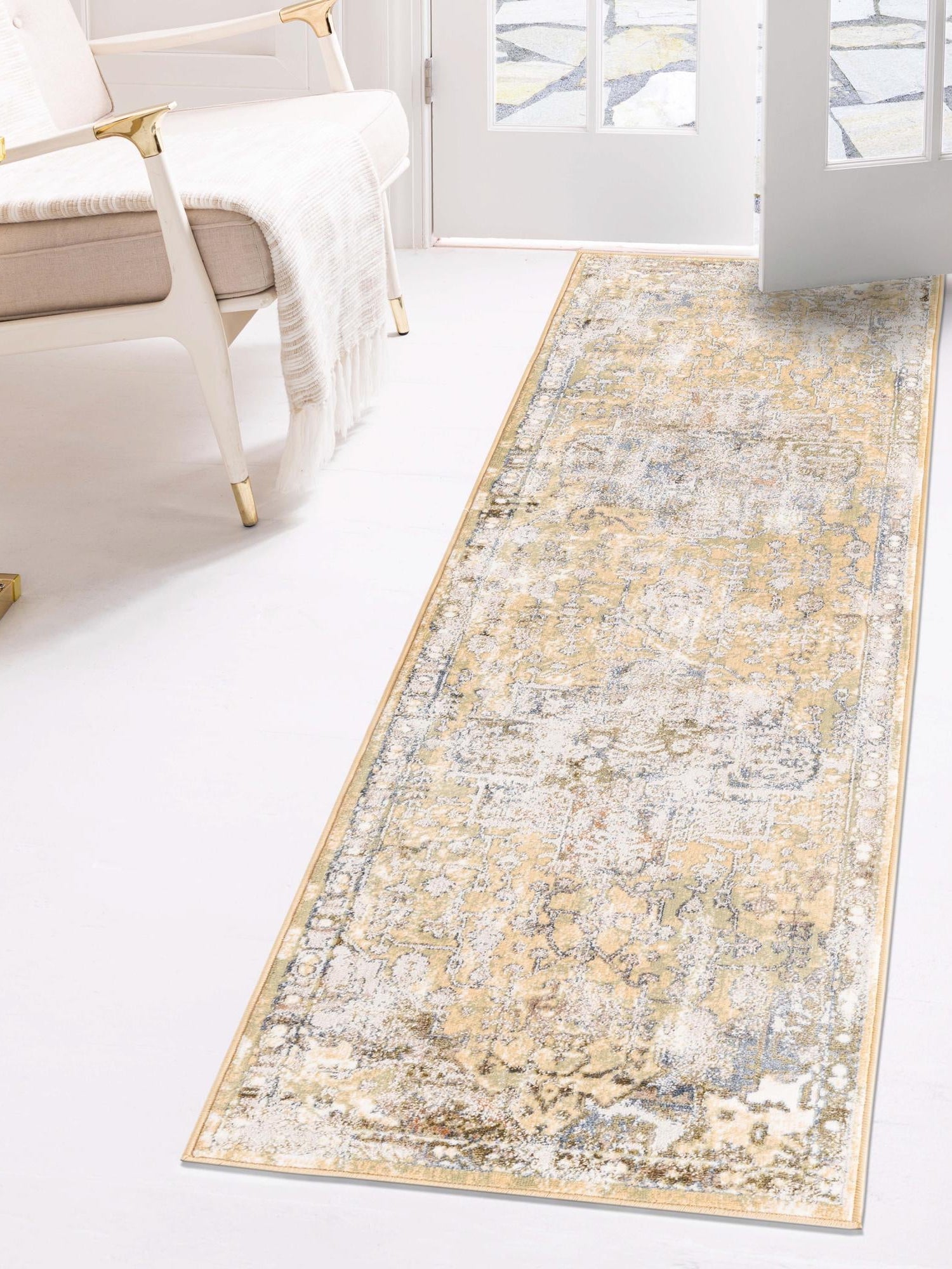 Yellow 2' x 8' Highbury Runner Area Rug 60% Polypropylene & 40% Polyester With Jute Backing Vintage Distressed Traditional Carpet for Sale at Rug Engine