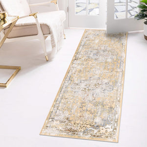 Yellow 2' x 8' Highbury Runner Area Rug 60% Polypropylene & 40% Polyester With Jute Backing Vintage Distressed Traditional Carpet for Sale at Rug Engine