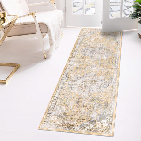 Yellow 2' x 8' Highbury Runner Area Rug 60% Polypropylene & 40% Polyester With Jute Backing Vintage Distressed Traditional Carpet for Sale at Rug Engine