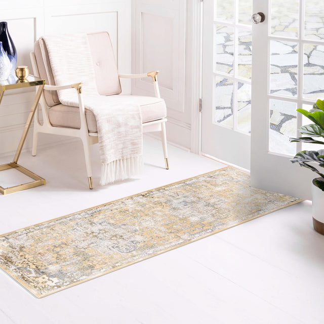 Yellow 2' x 8' Highbury Runner Area Rug 60% Polypropylene & 40% Polyester With Jute Backing Vintage Distressed Traditional Carpet for Sale at Rug Engine