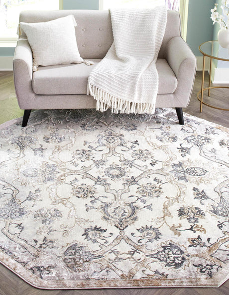 Ivory Gray 5' 3 x 5' 3 Highbury Octagon Area Rug 60% Polypropylene & 40% Polyester With Jute Backing Vintage Distressed Traditional Carpet for Sale at Rug Engine