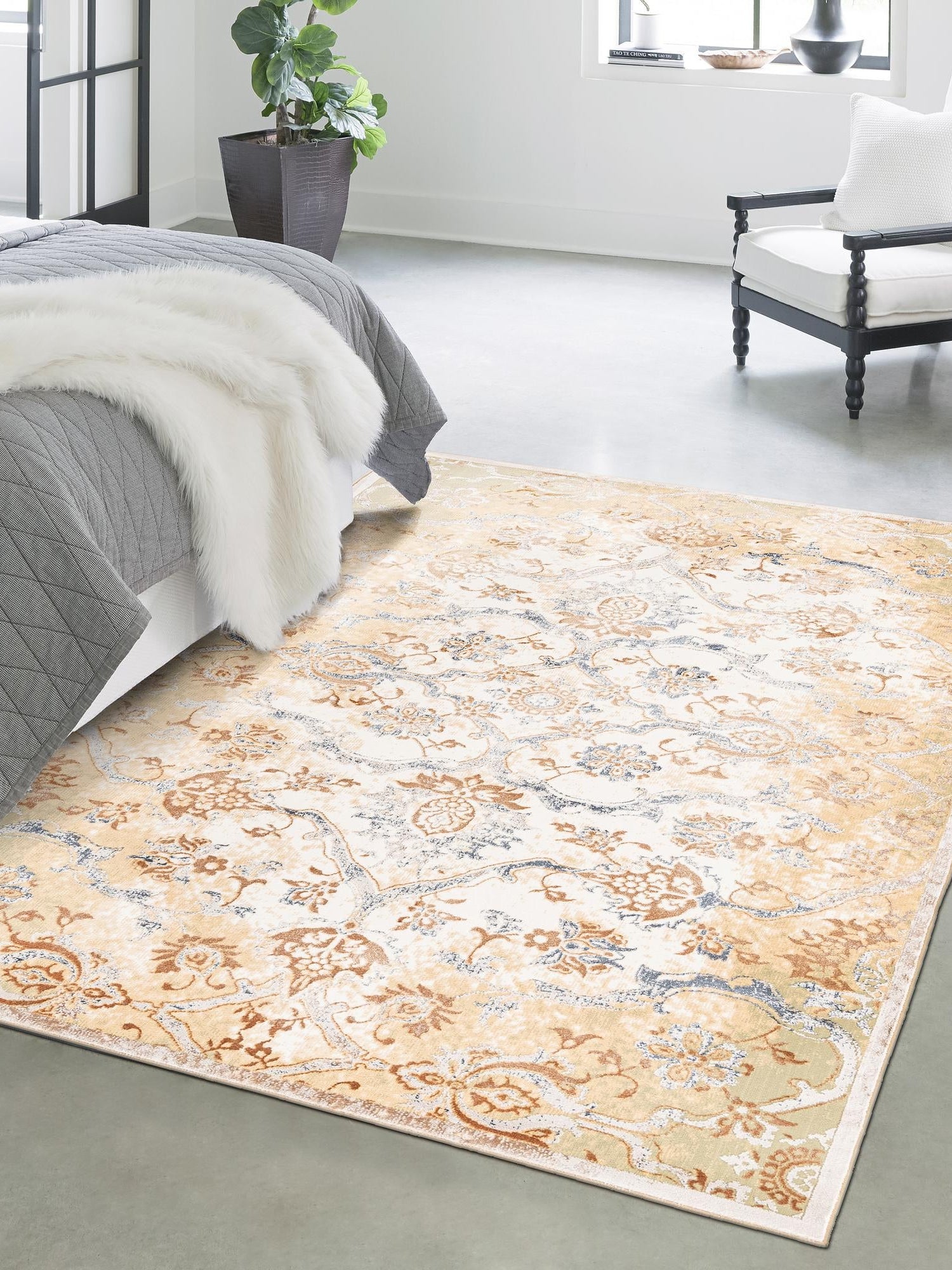 Yellow 5' 3 x 8' Highbury Rectangle Area Rug 60% Polypropylene & 40% Polyester With Jute Backing Vintage Distressed Traditional Carpet for Sale at Rug Engine